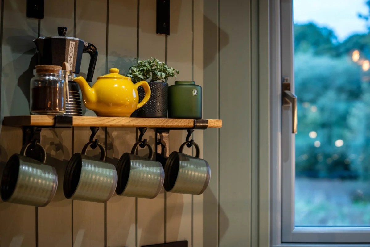 Cabin Kitchen and meadow views- Glamping Cabin Carmarthenshire with Hot Tub