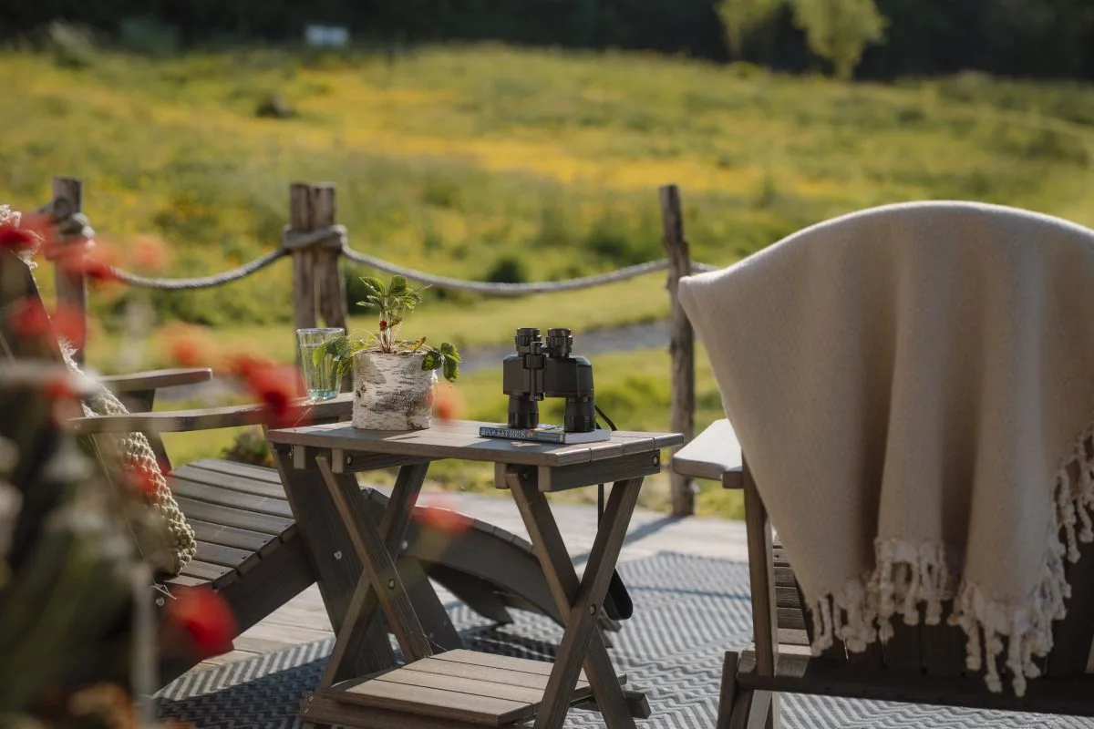 Relaxing decking with views of the surrounding meadow -Luxury Glamping Cabin Carmarthenshire, West Wales