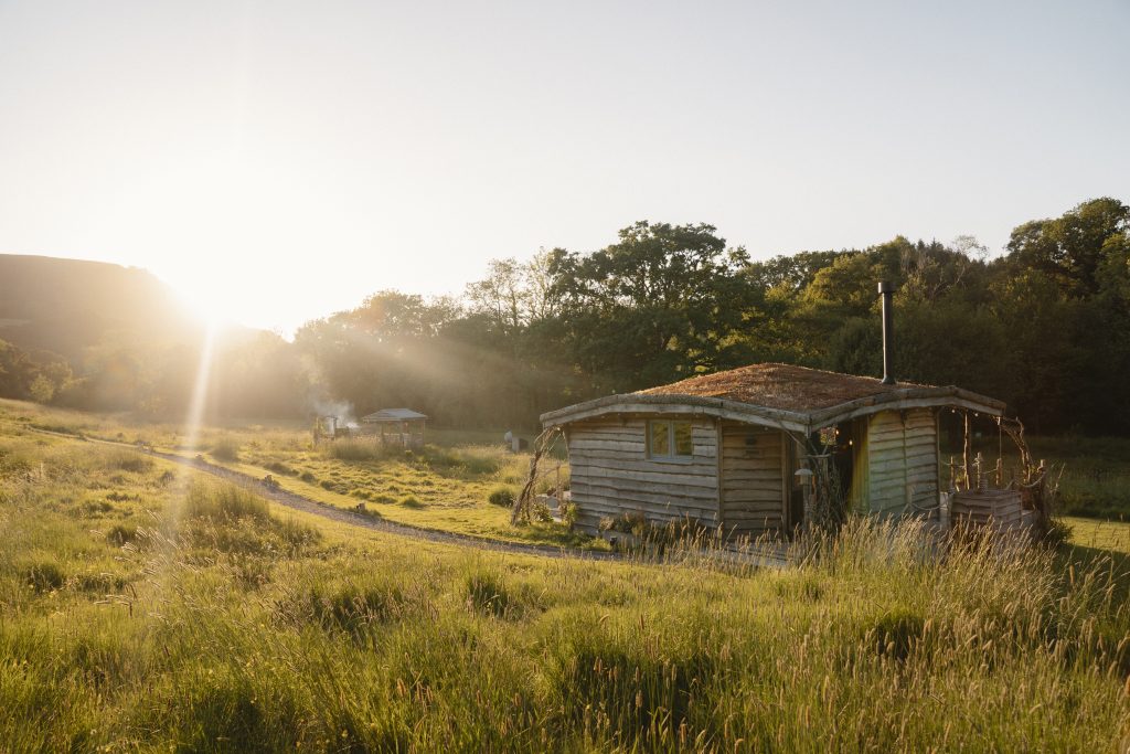 The Cabin and Nook nestled in the treelined wildflower meadow - Glamping Cabin Carmarthenshire with Hot Tub