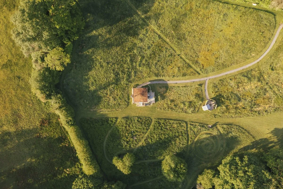 Aerial view of the Cabin at Erwain Escapes, nestled in a secluded 4 acre wildflower meadow - Luxury Glamping Cabin Carmarthenshire, West Wales