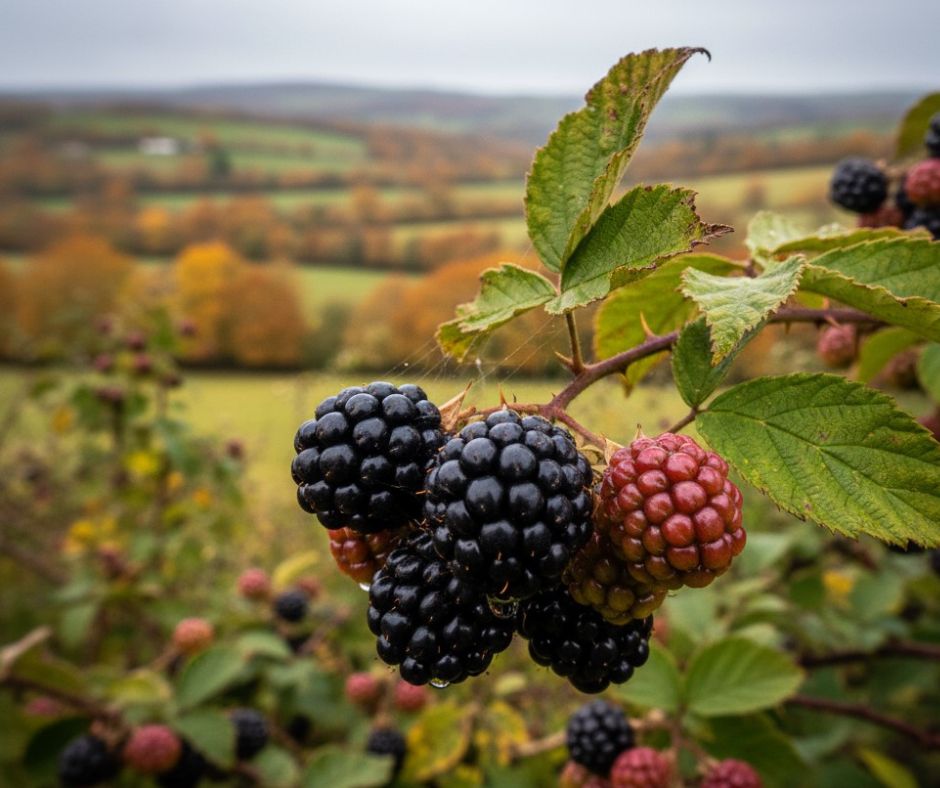 Blackberry Picking overlooking the Carmarthenshire landscape - Luxury Glamping Cabin, West Wales